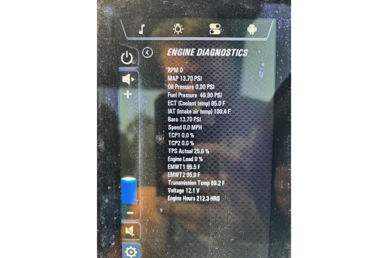 Slide: The Image of 2022 Malibu Wakesetter 23 MXZ engine diagnostics display with various performance metrics. - 25