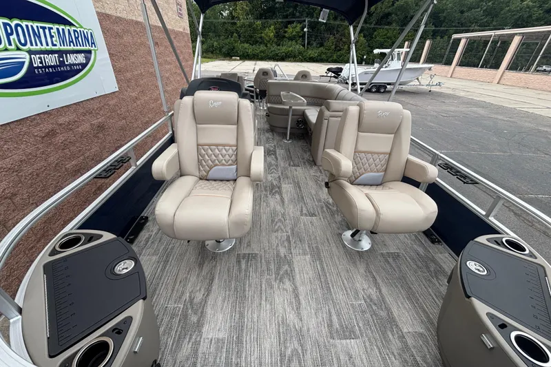 Slide: The Image of 2025 Ranger 220F boat interior with luxurious seating and modern design at Pointe Marina. - 6