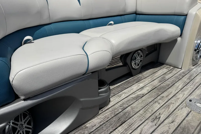 Slide: The Image of Luxurious seating on 2019 Avalon Catalina Platinum Elite Windshield boat, featuring premium upholstery. - 16