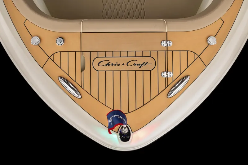 Slide: The Image of 2026 Chris-Craft Sportster 28 boat deck with logo and sleek design. - 27