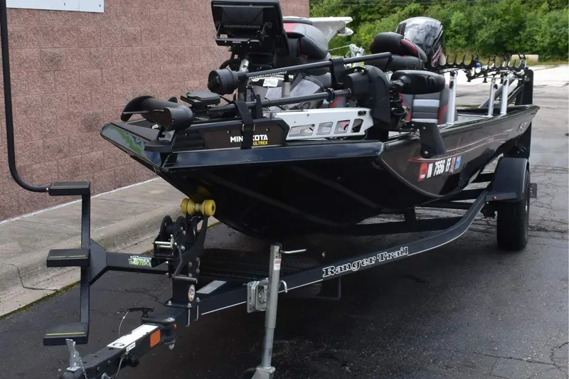 Slide: The Image of 2021 Ranger RT188C fishing boat on trailer, equipped with Minn Kota Ultrex motor. - 10