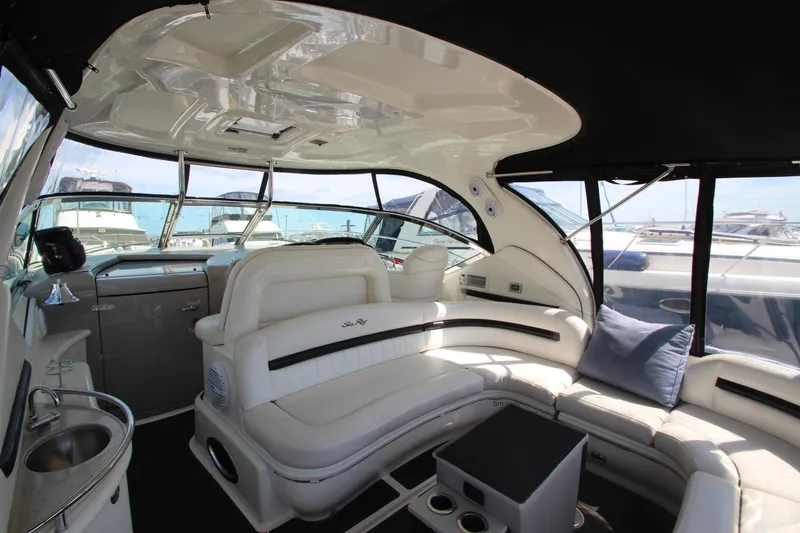 Slide: The Image of Luxurious interior of 2008 Sea Ray 44 Sundancer yacht with plush seating and modern amenities. - 9