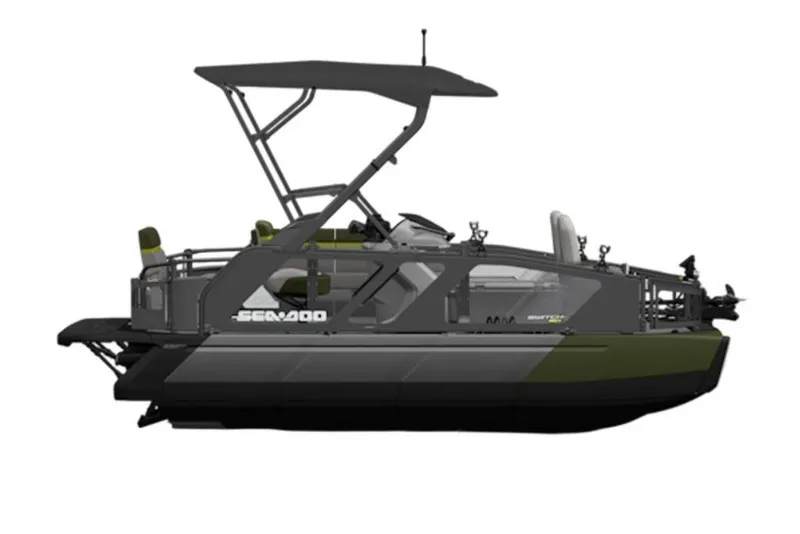 Slide: The Image of 2026 Sea-Doo Switch Fish 18 pontoon boat, side view, sleek design, modern features. - 3