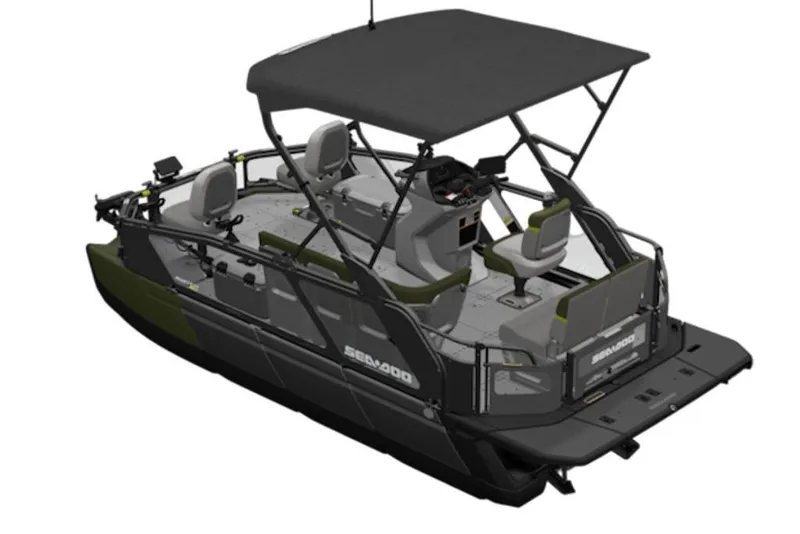 Slide: The Image of 2026 Sea-Doo Switch Fish 18 pontoon boat with canopy and seating arrangement. - 4