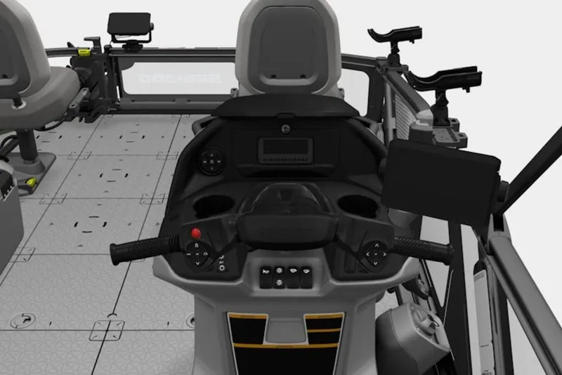 Slide: The Image of 2026 Sea-Doo Switch Fish 18 dashboard with steering controls and seating. - 5