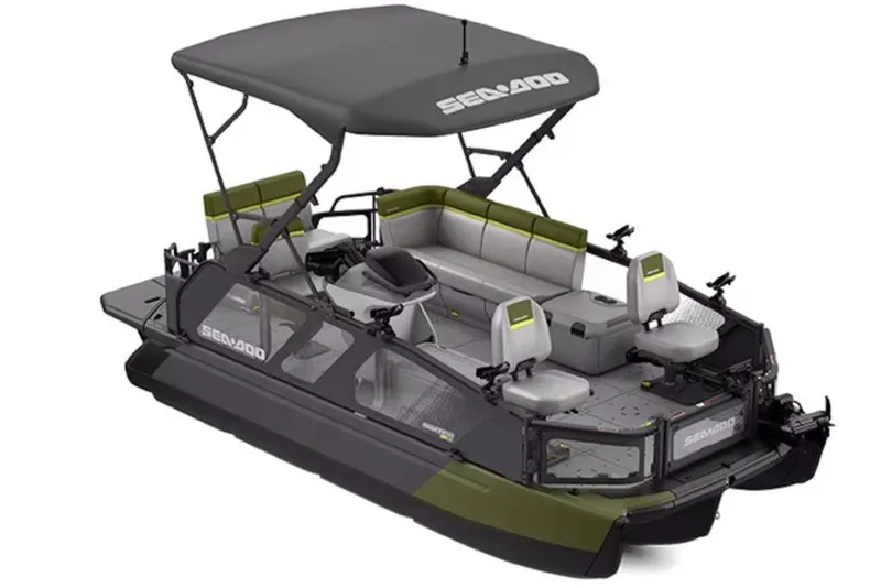 Slide: The Image of 2026 Sea-Doo Switch Fish 18 pontoon boat with canopy and seating for fishing. - 6