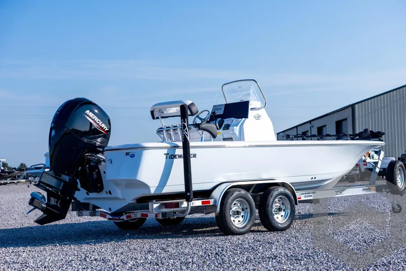 Slide: The Image of 2026 Tidewater 2110 Bay Max boat on trailer with Mercury outboard motor. - 5