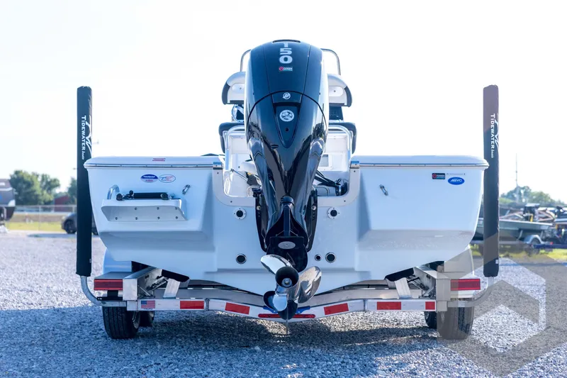 Slide: The Image of 2026 Tidewater 2110 Bay Max boat on trailer, rear view with outboard motor. - 6