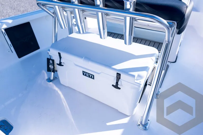 Slide: The Image of 2026 Tidewater 2110 Bay Max boat with Yeti cooler and stainless steel seating. - 70