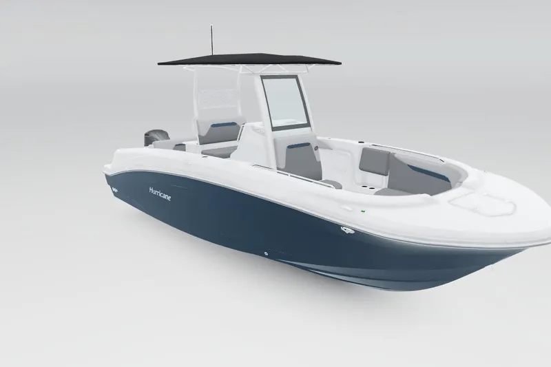 Slide: The Image of 2026 Hurricane Center Console 24 OB boat on trailer under cloudy sky. - 3