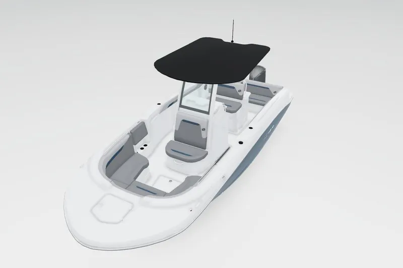 Slide: The Image of 2026 Hurricane Center Console 24 OB boat on trailer under cloudy sky. - 4