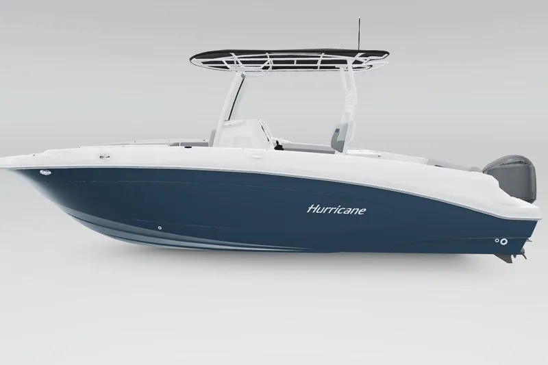 Slide: The Image of 2025 Hurricane Center Console 24 OB boat, sleek design, blue and white exterior. - 46
