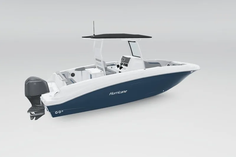 Slide: The Image of 2025 Hurricane Center Console 24 OB boat with sleek design and outboard motor. - 48