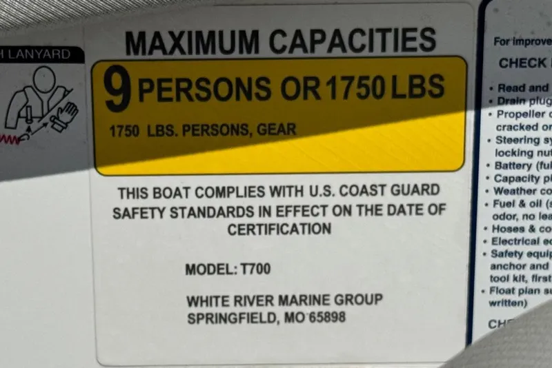 Slide: The Image of Boat capacity label for Tahoe T700, 2021 model, 9 persons or 1750 lbs. - 27