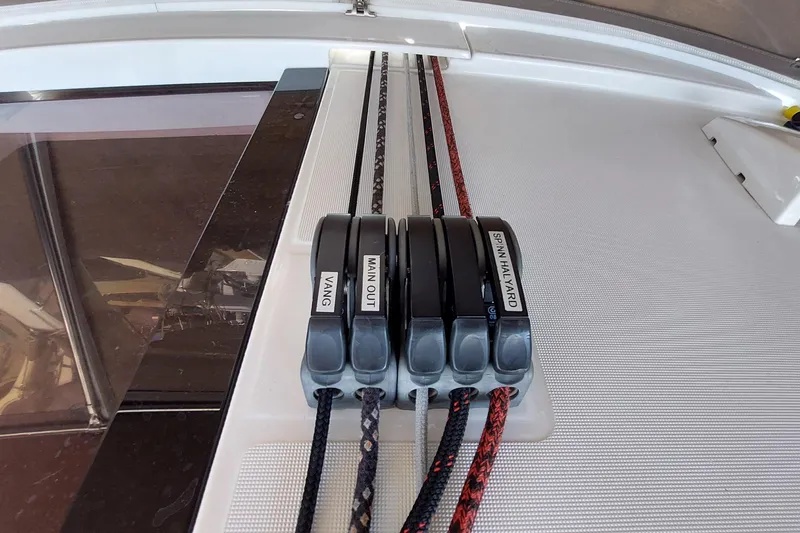 Slide: The Image of Beneteau Oceanis 45 sailboat control lines and clutches, 2015 model. - 44