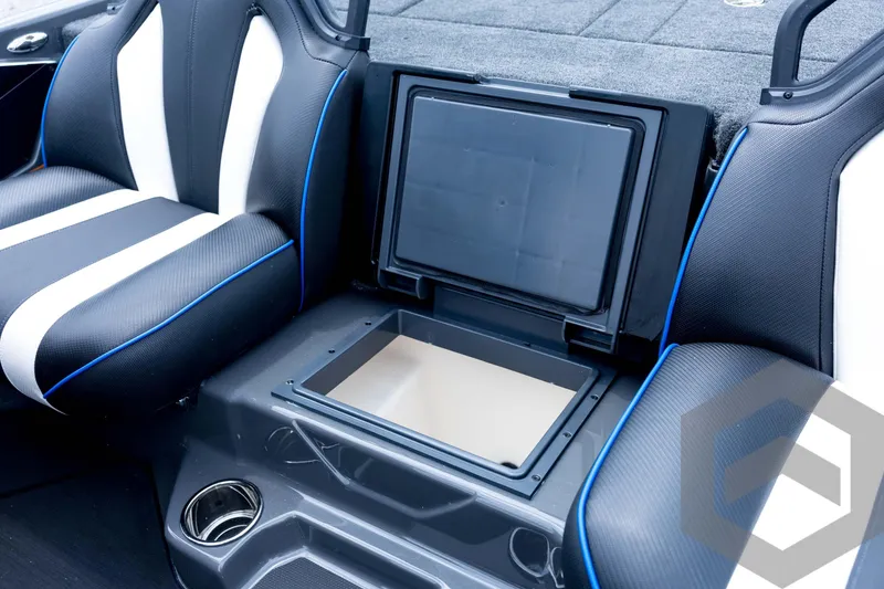 Slide: The Image of 2026 Skeeter FXR21 FLEX boat interior with storage compartment and stylish seating. - 68