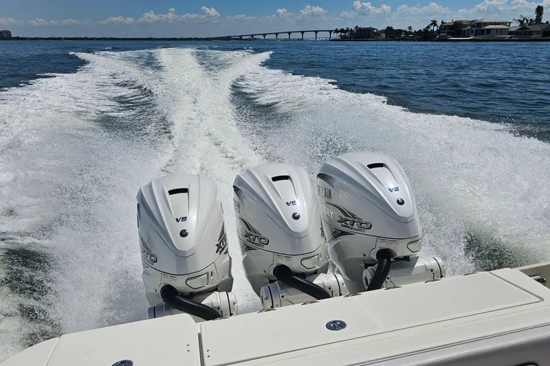 Slide: The Image of 2008 Hydra-Sports Vector 3500 VX with triple Yamaha V8 engines on open water. - 43