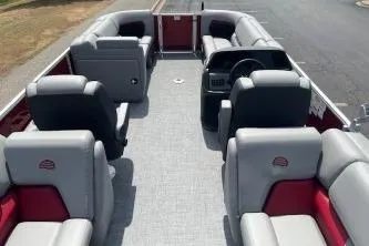 Slide: The Image of 2026 Sun Tracker Party Barge 22 DLX interior with spacious seating and modern design. - 8