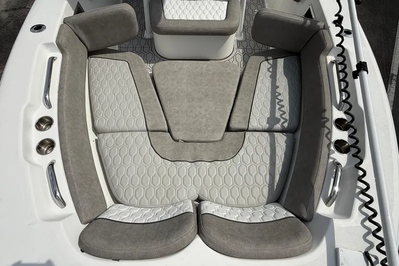 Slide: The Image of 2021 Sea Fox 248 Commander boat interior with cushioned seating and modern design. - 24