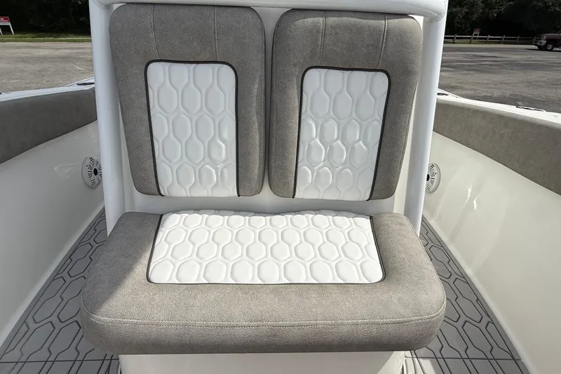 Slide: The Image of 2021 Sea Fox 248 Commander boat seating with gray and white upholstery. - 25