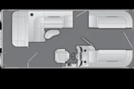 Slide: The Image of 2026 Bennington 22 SLJ pontoon boat with sleek design, docked outdoors. - 2