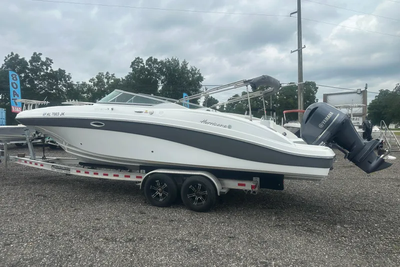 Slide: The Image of 2023 Hurricane SD 2690 OB boat on trailer with Yamaha outboard motor. - 33