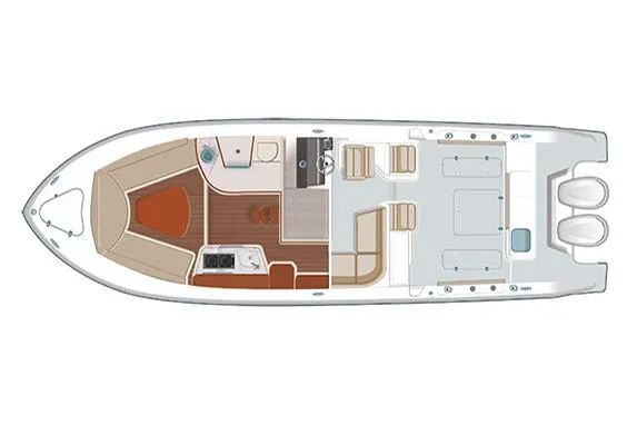 Slide: The Image of 2020 Pursuit OS 355 Offshore boat interior with helm seat and marina view. - 15