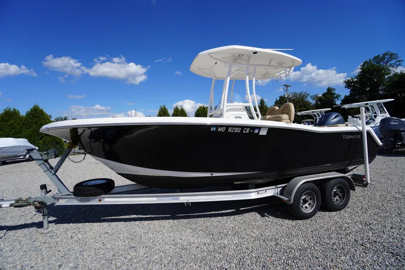 Slide: The Image of 2016 Tidewater 220 LXF boat on trailer under clear blue sky. - 0