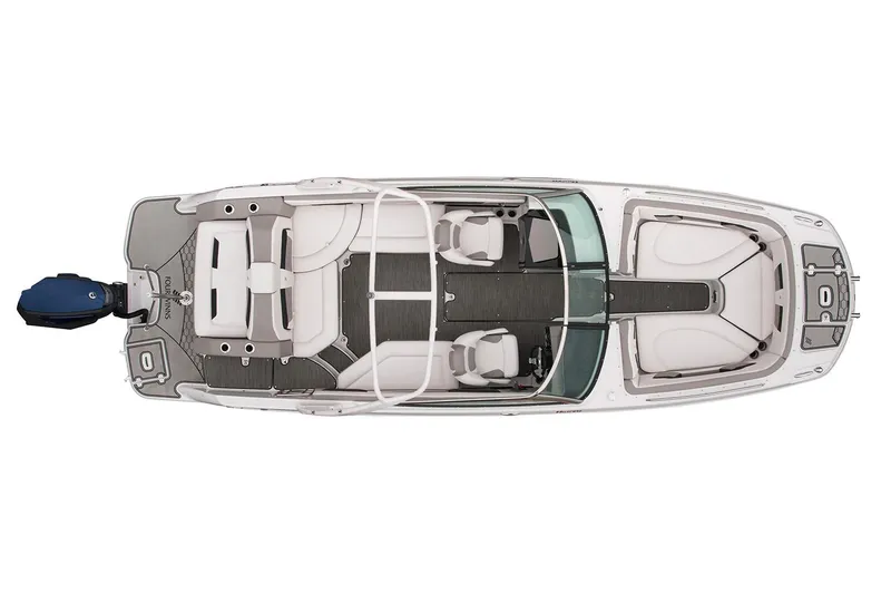 Slide: The Image of Manufacturer Provided Image: 2019 Four Winns HD270 OB boat, top view, spacious seating, and outboard motor. - 27