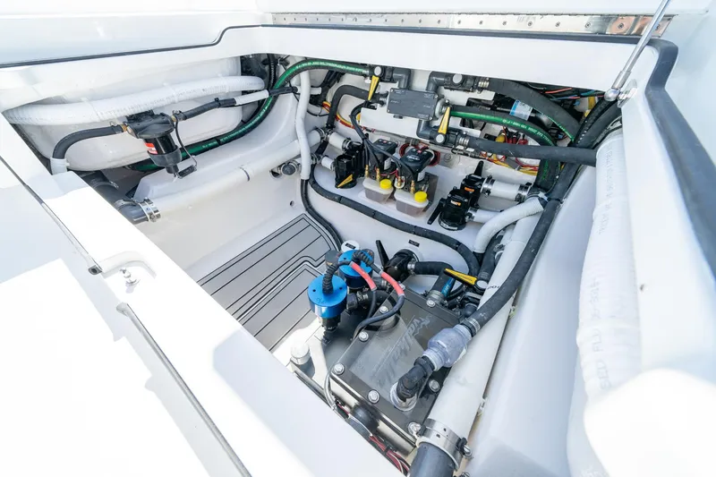 Slide: The Image of 2026 Valhalla Boatworks V-28 Bay engine compartment with detailed wiring and components. - 5