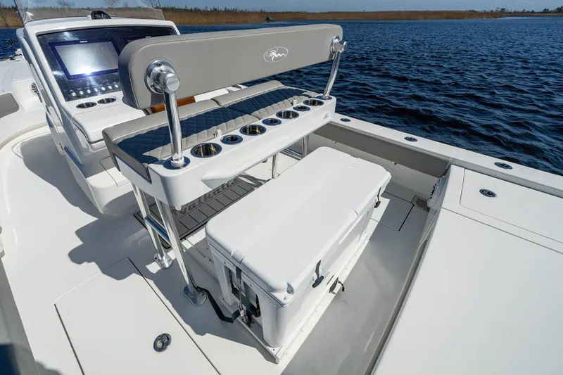 Slide: The Image of 2026 Valhalla Boatworks V-28 Bay interior with seating and console on open water. - 6