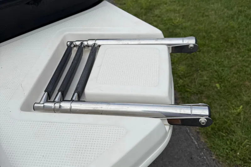 Slide: The Image of Foldable ladder on 2016 Bayliner Element F18 boat deck, near grassy area. - 4