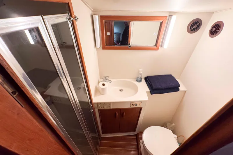 Slide: The Image of Compact bathroom in 1989 Buddy Davis 47 yacht with shower, sink, and toilet. - 29