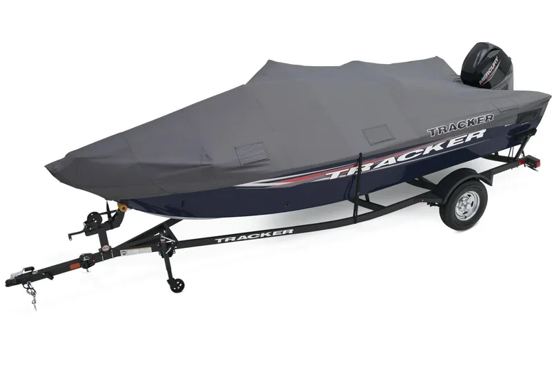 Slide: The Image of Red 2026 Tracker Pro Guide V-16 SC boat on trailer, side view. - 7