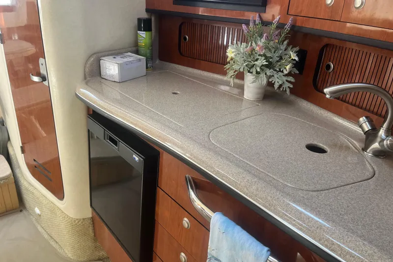 Slide: The Image of 2007 Sea Ray 300 Sundancer interior with kitchenette, featuring sink, countertop, and floral arrangement. - 20