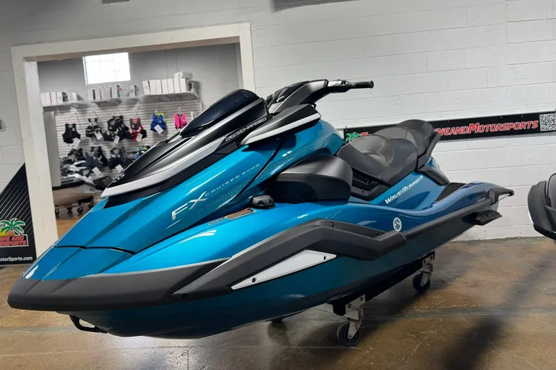 The Image of 2026 Yamaha WaveRunner FX Cruiser SVHO in showroom, sleek blue design. - 0