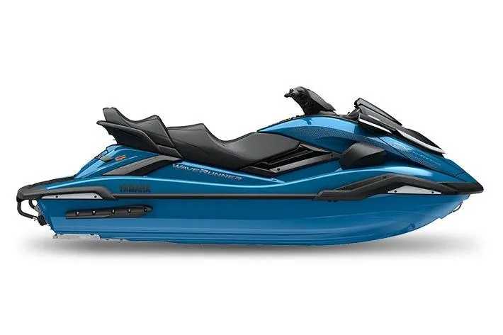 Slide: The Image of 2026 Yamaha WaveRunner FX Cruiser SVHO in showroom, sleek blue design, three seats. - 5