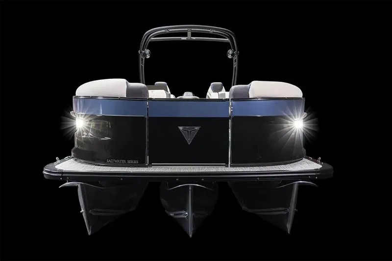 Slide: The Image of Manufacturer Provided Image: 2025 Tahoe Pontoon Grand Tahoe LTD Quad Lounge, front view with illuminated headlights. - 2