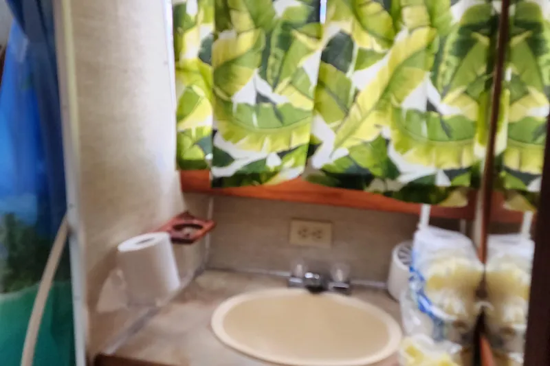 Slide: The Image of Bathroom interior of 1989 Marinette 32 Sedan Flybridge with tropical leaf curtains. - 19