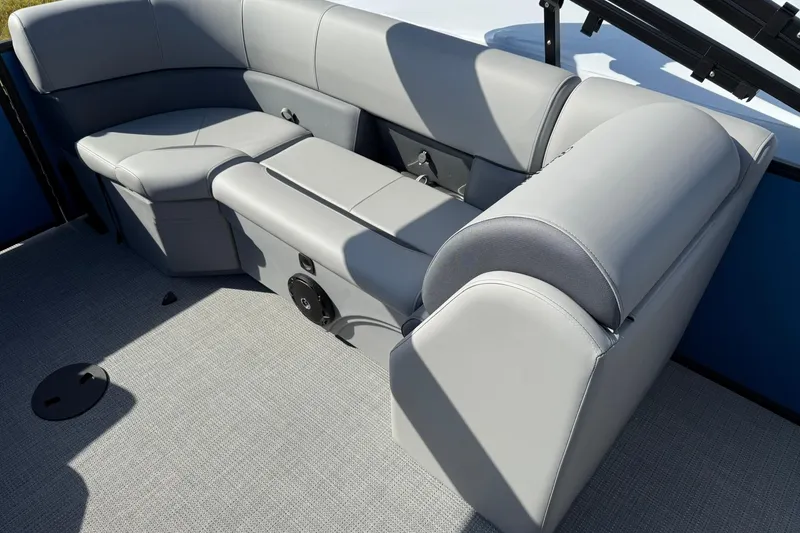 Slide: The Image of 2025 Bentley Pontoons Legacy 243 Navigator interior seating with gray upholstery. - 11