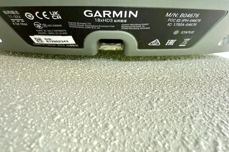 Slide: The Image of Close-up of Garmin 18xHD3 device label on Parker 2820 XLD Sport Cabin, 2023 model. - 54