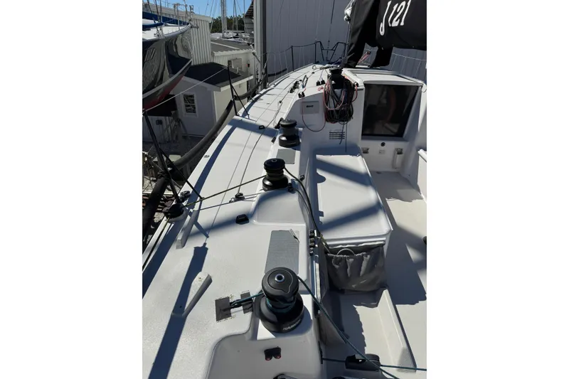 Slide: The Image of 2019 J Boats J/121 sailboat deck with winches and rigging. - 24