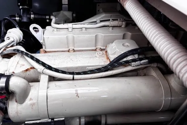 Slide: The Image of Engine compartment of a 2004 Sea Ray 460 Sundancer, showcasing mechanical components and wiring. - 41