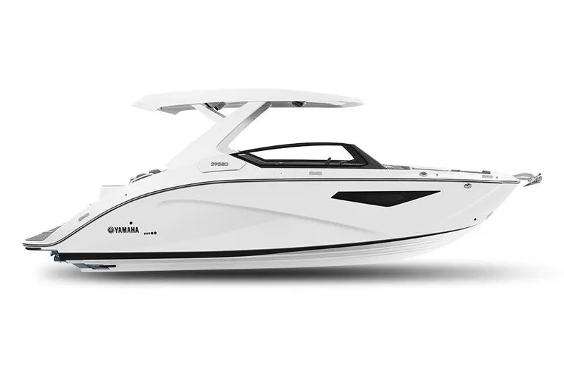 Slide: The Image of 2026 Yamaha Boats 295SD rear view with swim platform and step ladder. - 9