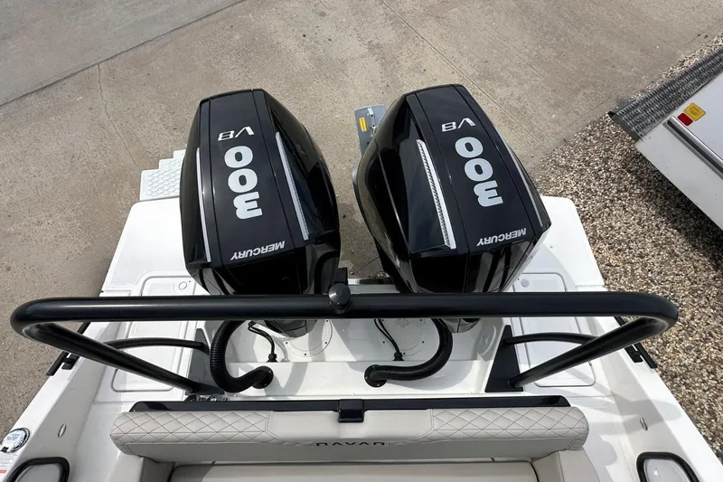 Slide: The Image of 2025 Navan C30 boat with dual Mercury 300 V8 engines, top view. - 4