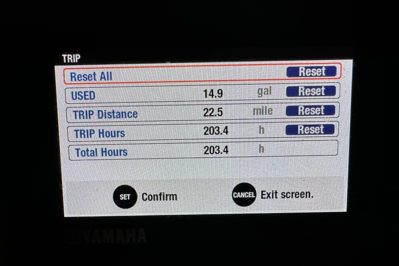 Slide: The Image of Dashboard display of 2021 Cutwater C-24 CW showing trip data and reset options. - 17