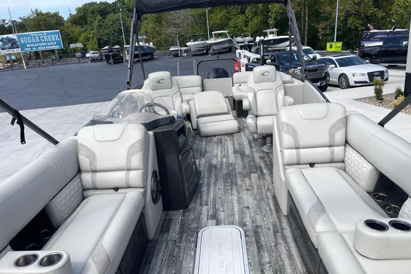 Slide: The Image of 2020 Crest 250 Caribbean pontoon boat with luxurious seating and modern design. - 27