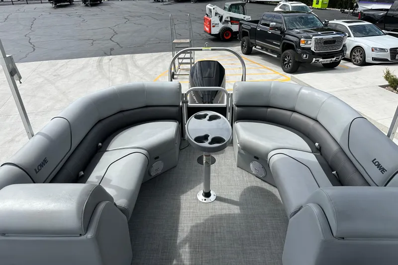 Slide: The Image of 2019 Lowe SS270 Extended Walk-Thru pontoon boat with spacious seating and cup holders. - 17