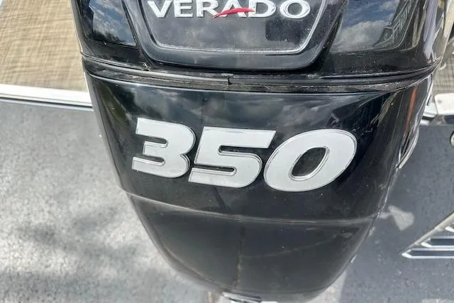 Slide: The Image of Outboard motor with "Verado 350" branding on a 2020 Harris Solstice 250 boat. - 7