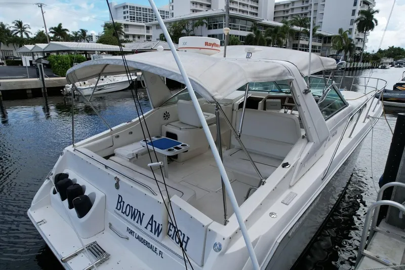 Slide: The Image of 1994 Sea Ray 370 Express Cruiser docked, featuring spacious deck and canopy. - 47